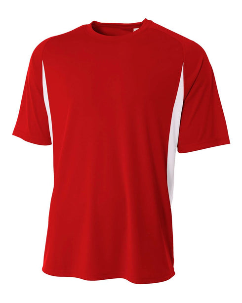A4 Cooling Performance Color Blocked Short Sleeve Crew, Sizes 2XL-4XL (N3181), Color 'Scarlet/White'